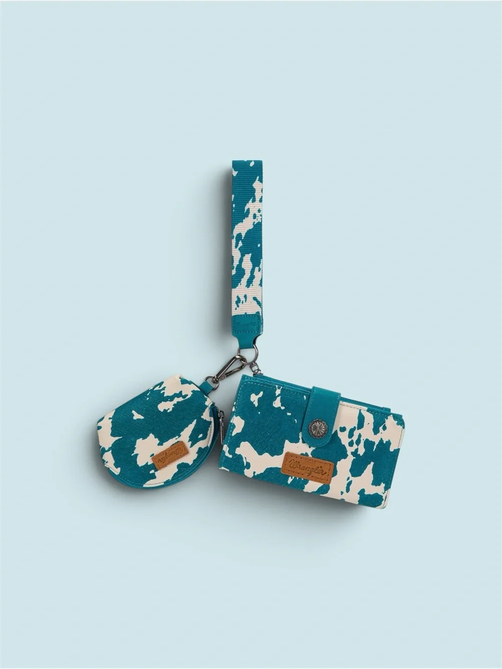 Wrangler Teal & White Cow Print keychain Wallet and Coin Pouch with Wristlet